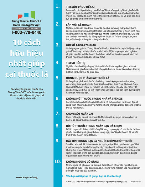 ASQ "Top 10 Tips to Quit Smoking" Flyer | Front | Vietnamese